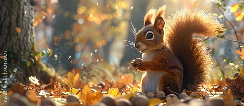Curious Woodland Squirrel Foraging for Acorns in Dappled Autumn Sunlight