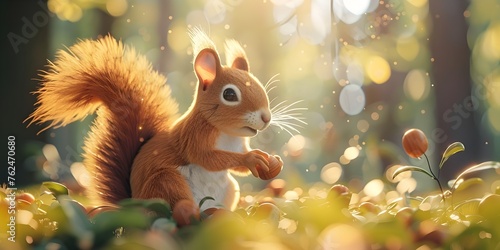 Inquisitive Woodland Squirrel Gathers Autumn Acorns in Dappled Sunlight
