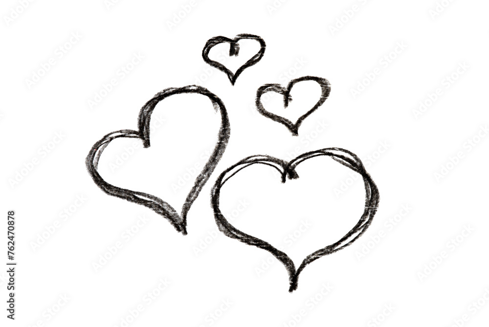 A set of black hearts drawn in pencil isolated on white background. A set of black hearts drawn in pencil isolated on white background.
