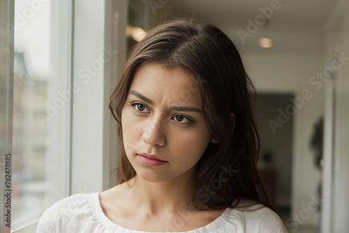 portrait of a woman indoors, looking out her window with a worried expression
