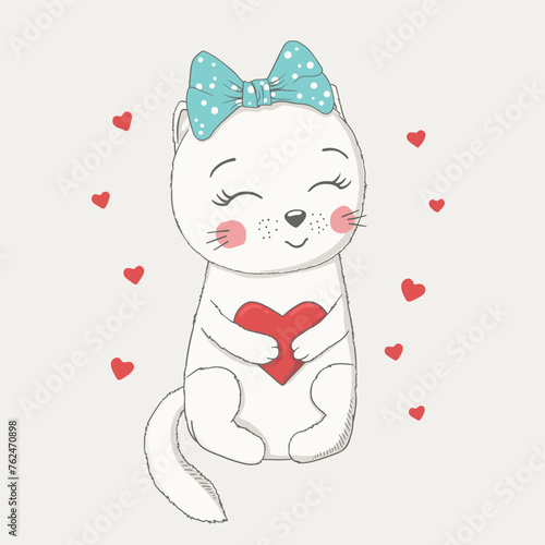 Cute cat girl with heart. Hand drawn vector illustration for print design