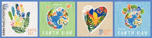 Happy Earth Day greeting card, cover or web banner set. Trendy and cute hand drawn Eco posters on the theme of caring for nature and planet Earth. Make every day Earth day. Art style design template