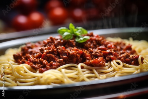 Delicious spaghetti bolognese on a plastic tray against a natural brick background