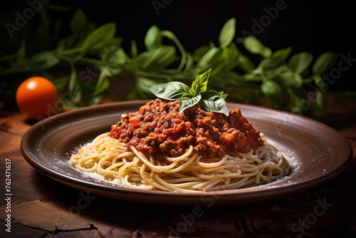 Tasty spaghetti bolognese on a palm leaf plate against a natural brick background