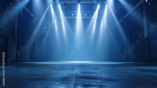 Dramatic blue stage lights illuminating an empty performance space with atmospheric haze