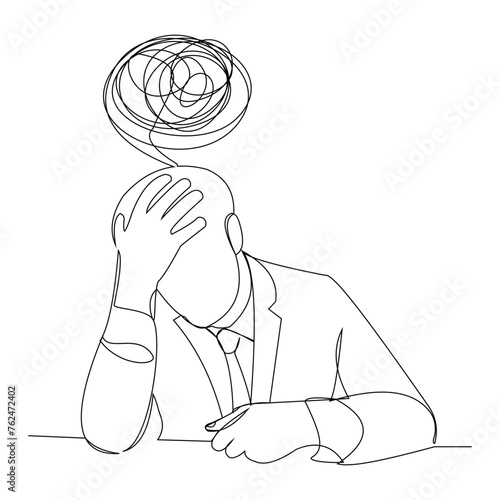 Continuous single line sketch drawing of business man in depression, stressed, and despair. One line art vector illustration