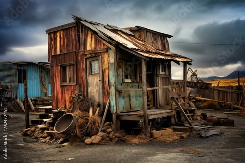 Dilapidated Shack wooden old pallets. Nature summer natural made poor home. Generate Ai