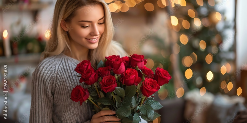 Close-up view of bouquet of fresh bright red rose flowers which tenderly holding young woman and look at it