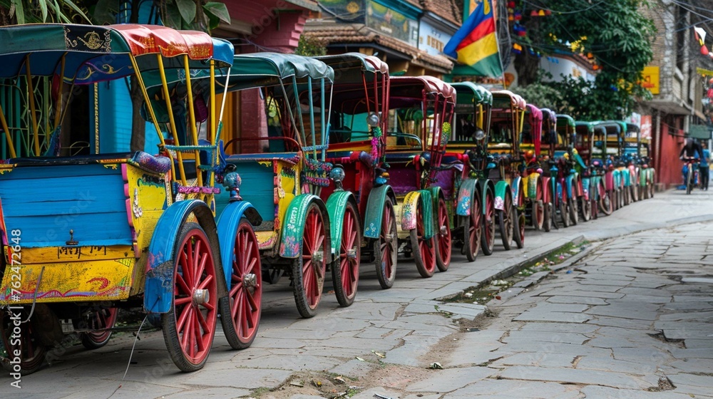 Katmandu / Nepal - September 01 2018: A row of rickshaws waiting for customers.