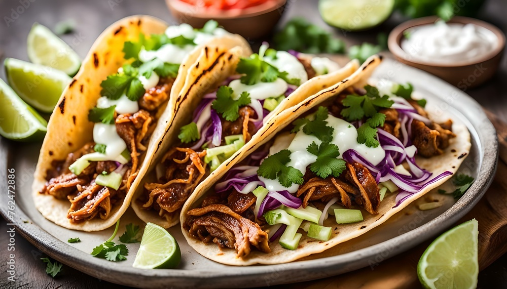 Carnitas pork tacos on tortillas and topped with cabbage and cilantro. A tasty Mexican influenced dish.
Carnitas pork tacos on tortillas and topped with cabbage and cilantro. A tasty Mexican influenced dish.