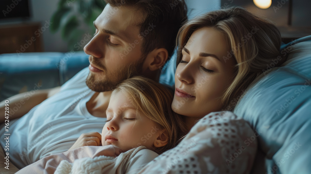 Relaxed young family resting and dreaming about new home on comfortable sofa together at home, happy young parents with little daughter relax enjoying nap relaxing or meditating.
