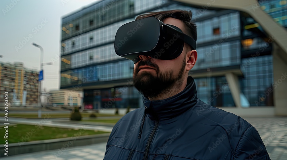 Young man in VR glasses on the streets of a modern city. With every step, he delves deeper into the virtual realm, his journey through the city streets mirroring his digital odyssey. Young man in VR glasses on the streets of a modern city. With every step, he delves deeper into the virtual realm, his journey through the city streets mirroring his digital odyssey.