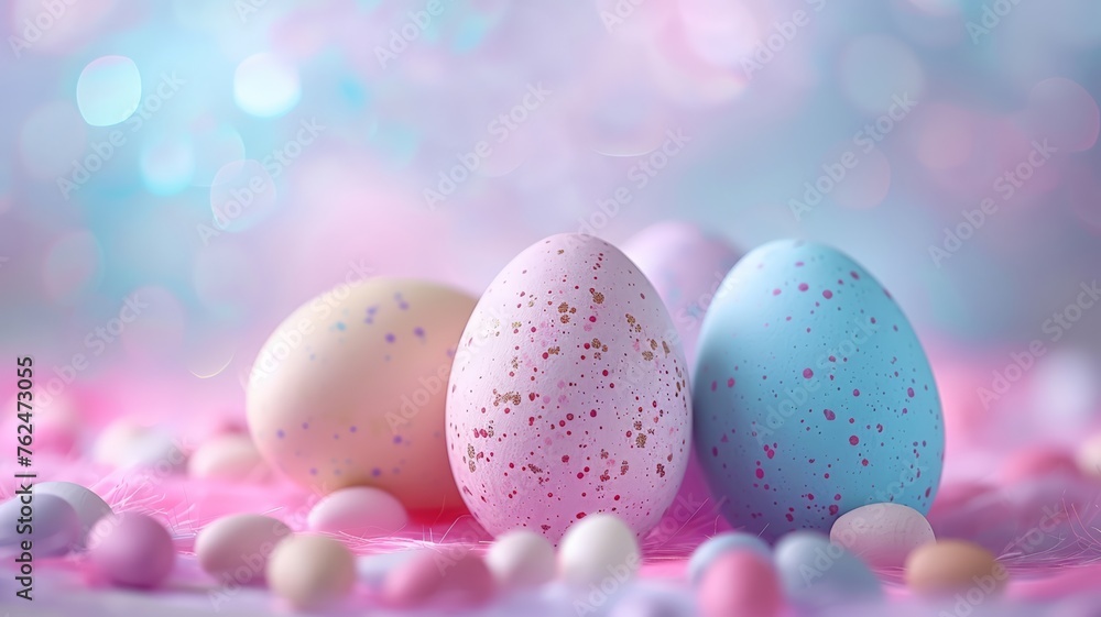 Assorted vibrant pastel Easter eggs nestled on a gentle pink backdrop Assorted vibrant pastel Easter eggs nestled on a gentle pink backdrop