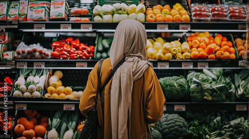 Muslim woman at grocery store. A glimpse of everyday life as the Muslim woman gracefully navigates the grocery store.