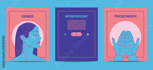Plantillas de diseño de cubiertas vectoriales con concepto de salud mental. Fondo para presentación de decoración, folleto, catálogo, cartel, libro, revista.