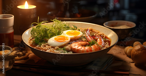 seafood noodles, shrimp yakisoba, bowl pasta, Healthy food, boiled egg ,