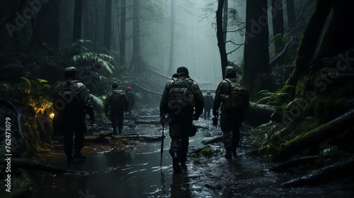 A group of military men in field uniform follows a shadowed path in a dense, foggy forest. Concept: military exercises, survival in extreme conditions and intelligence activities. photo