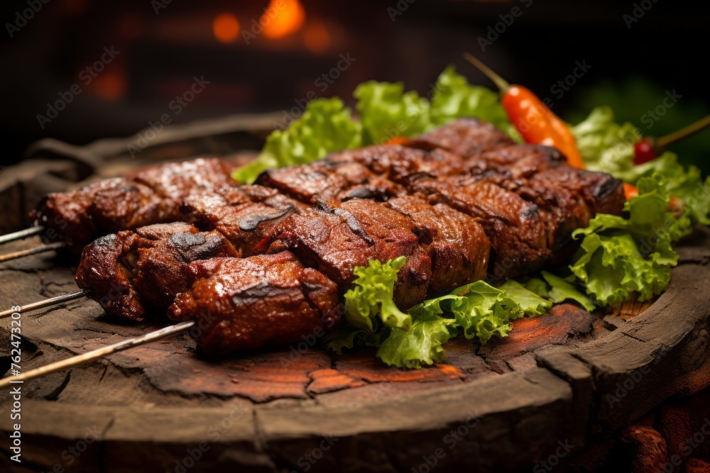 Hearty kebab on a palm leaf plate against a natural brick background Hearty kebab on a palm leaf plate against a natural brick background