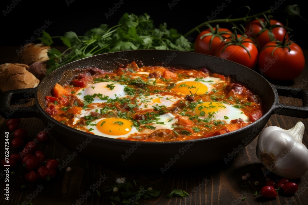 Aromatic Shakshuka in frying pan. Cuisine lunch. Generate Ai Aromatic Shakshuka in frying pan. Cuisine lunch. Generate Ai