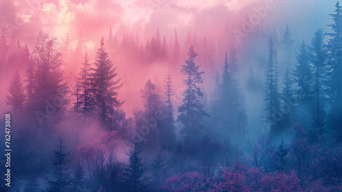 In a pastel world fog wraps the forest as gentle rain falls weaving a futuristic tapestry of nature rejuvenated photographic style.
