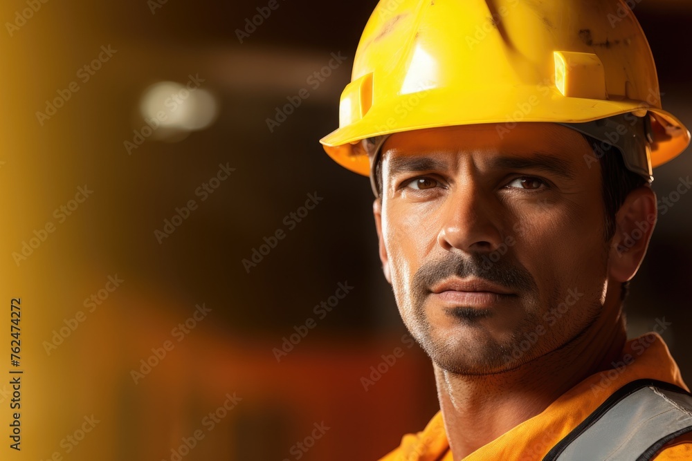 American construction worker face portrait. European engineer at work. Industrial builder look at camera. Building occupation contractor American construction worker face portrait. European engineer at work. Industrial builder look at camera. Building occupation contractor