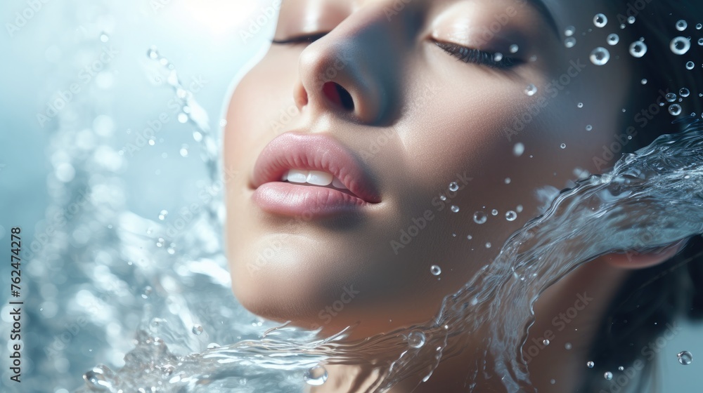 Hydration skin beauty model, closeup view. Spa advertising banner with water splash, close-up view