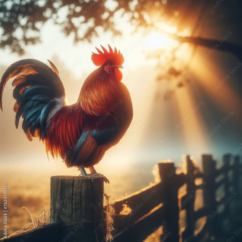 Rooster ready to make his call early in the morning - obrazy, fototapety, plakaty 