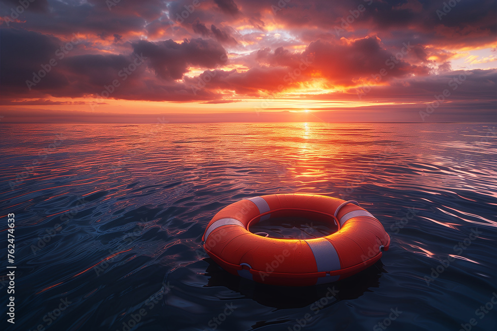 Orange lifebuoy floating at sea sunset sunrise  - obrazy, fototapety, plakaty 