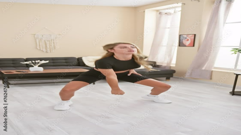 Inspiring snapshot of fit young blonde woman powering through a serious leg workout at home, showcasing her athleticism and dedication to a healthy lifestyle. Inspiring snapshot of fit young blonde woman powering through a serious leg workout at home, showcasing her athleticism and dedication to a healthy lifestyle.