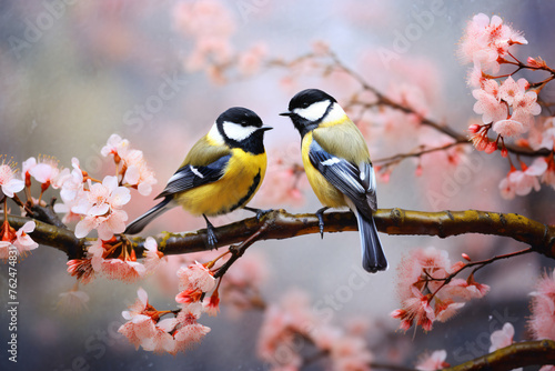 pair tits, spring birds, Little birds sitting, cherry tree, Spring time © elina