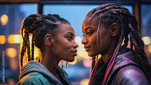 Affectionate, two African women, colorful braids, deep gaze, in urban indoor setting.