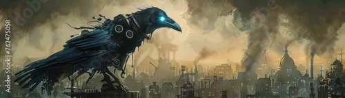 A large, mutated crow stands on a building in a city. The sky is dark and smoggy, giving the scene a dystopian feel