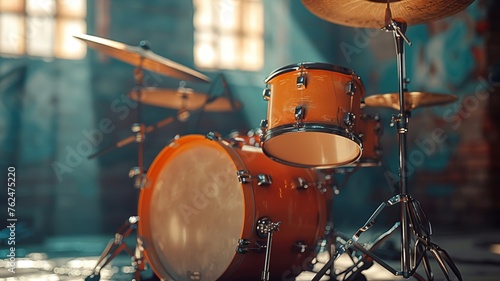 Up close with a drum set awaiting a performance in a vibrant atmosphere