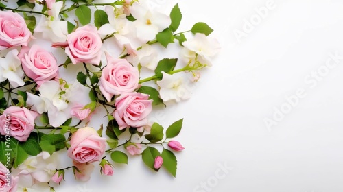 Banner  white empty field  on the side pink rose flowers with green leaves and petals. Space for your own content. Flowering flowers  a symbol of spring  new life.
