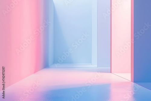Abstract corridor with pink and blue gradient colors reflecting on the floor.