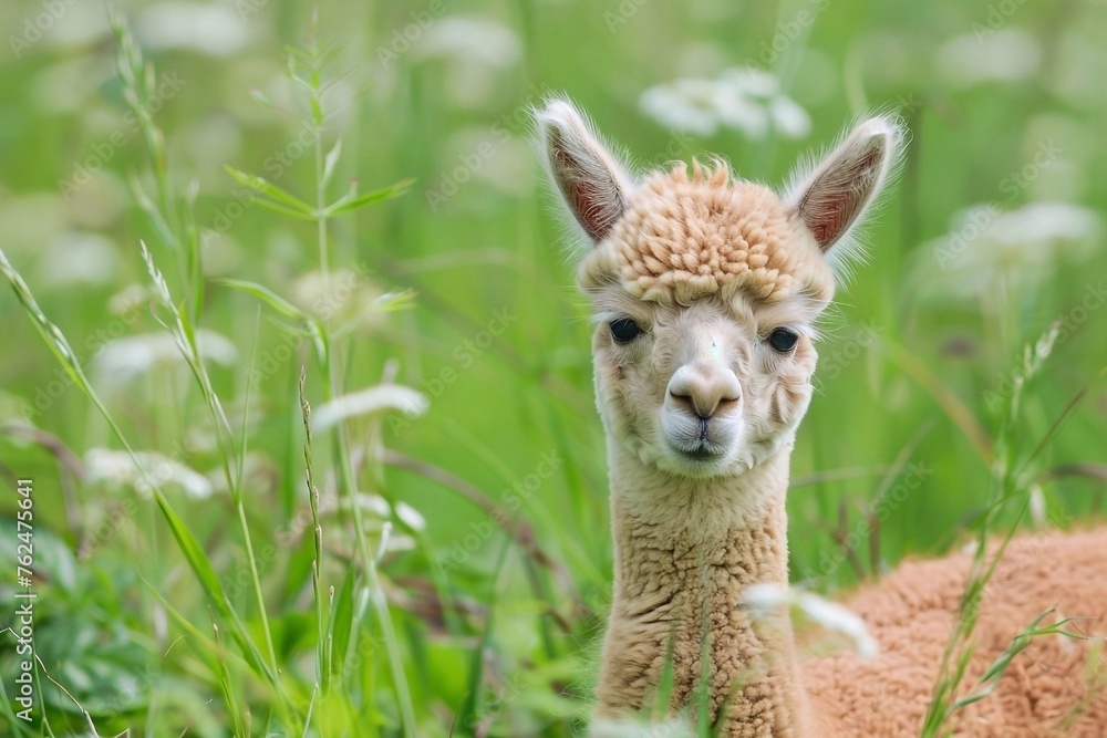 Llama, Vicugna pacos, in the grass. Alpaca (Lama glama) in the green grass Llama, Vicugna pacos, in the grass. Alpaca (Lama glama) in the green grass