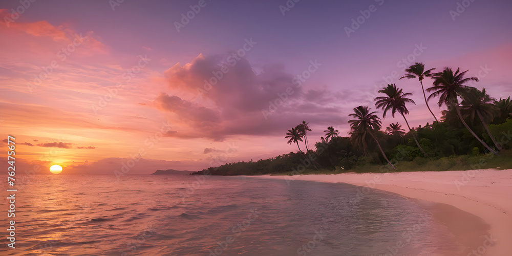 Sunset on the beach with palm trees and rocks. Beautiful sunset on the beach, Scenic Tropical Beach Sunset Landscape, Beautiful poster drawn in watercolor style Summer, Generative ai