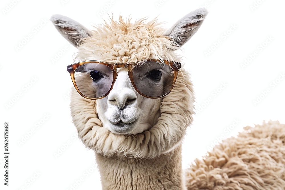 Fototapeta premium Portrait of a funny alpaca wearing eyeglasses isolated on white background