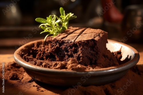 Juicy brownie in a clay dish against a natural brick background photo