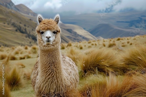 Llama in the mountains. Alpaca in the Andes mountains, Peru, South America. Llama (Vicugna pacos)
