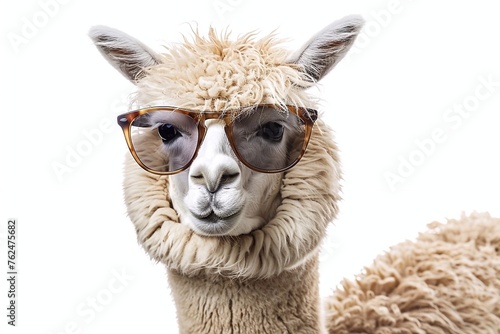 Portrait of a funny alpaca wearing eyeglasses isolated on white background