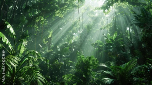 Lush Jungle Canopy with Sunlight Filtering Through Leaves