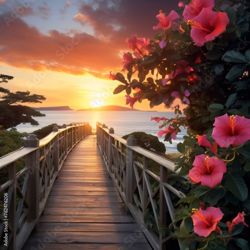 Sunset over the sea, all around orange and pink flowers, green leaves, a wooden platform in the middle. Flowering flowers, a symbol of spring, new life. © Hawk