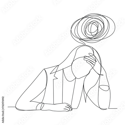 Continuous single line sketch drawing of business woman in depression, stressed, and despair. One line art vector illustration