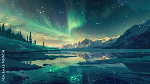 Aurora Borealis dances over frozen lake in ecological harmony © Bionic