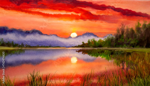 Beautiful scenic view of the red soft sunset over a lake on digital art concept.