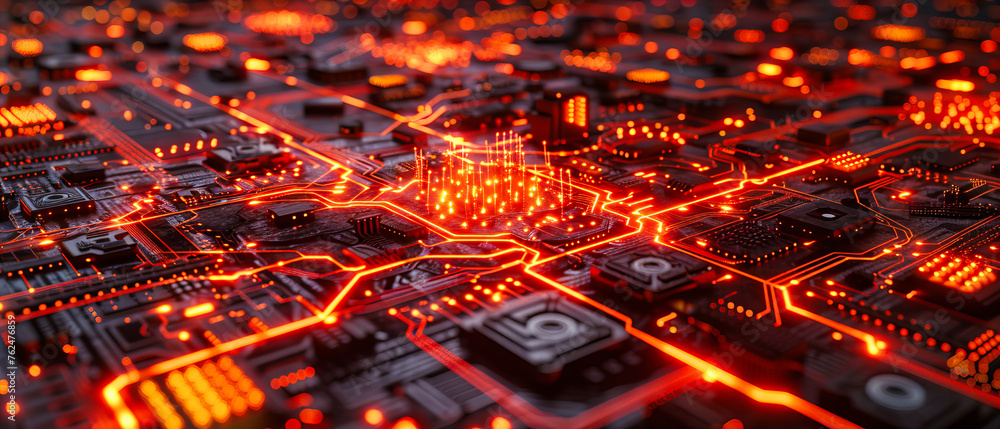 Digital Electronics and Circuit Technology, Blue Abstract Background with Processor and Hardware Details Digital Electronics and Circuit Technology, Blue Abstract Background with Processor and Hardware Details