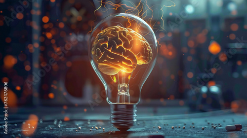 Illustration featuring the human brain enclosed within a luminous light bulb, concept of the power of innovation and creativity.
