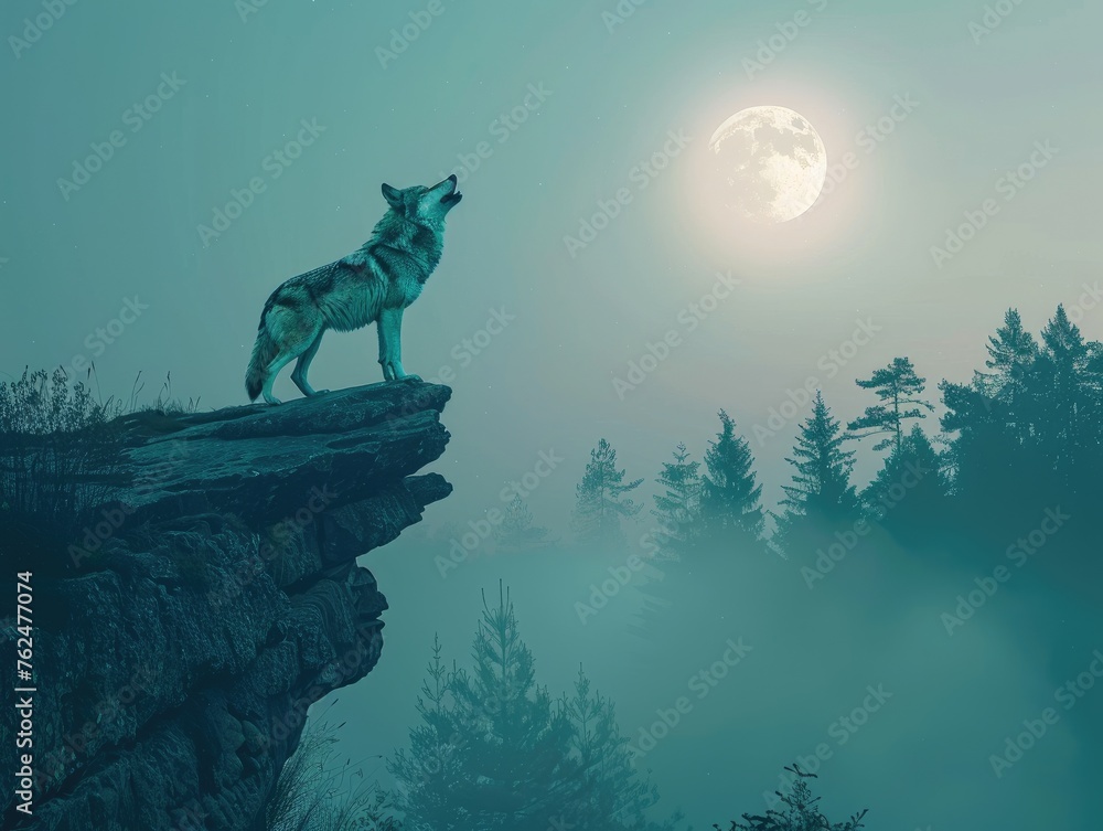 A lone wolf howling under full moon in serene nature