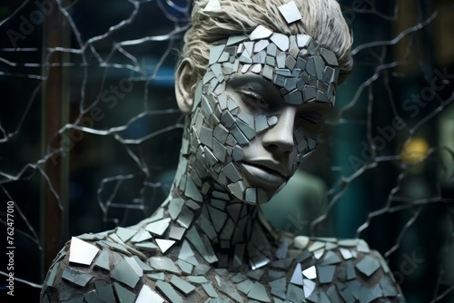 Mournful Shattered statue woman. Crumbling and breaking female silhouette. Generate ai